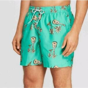 Goodfellow & Co. Mens XXL Swim Trunks Palm Trees Guitars Ukuleles Teal Green